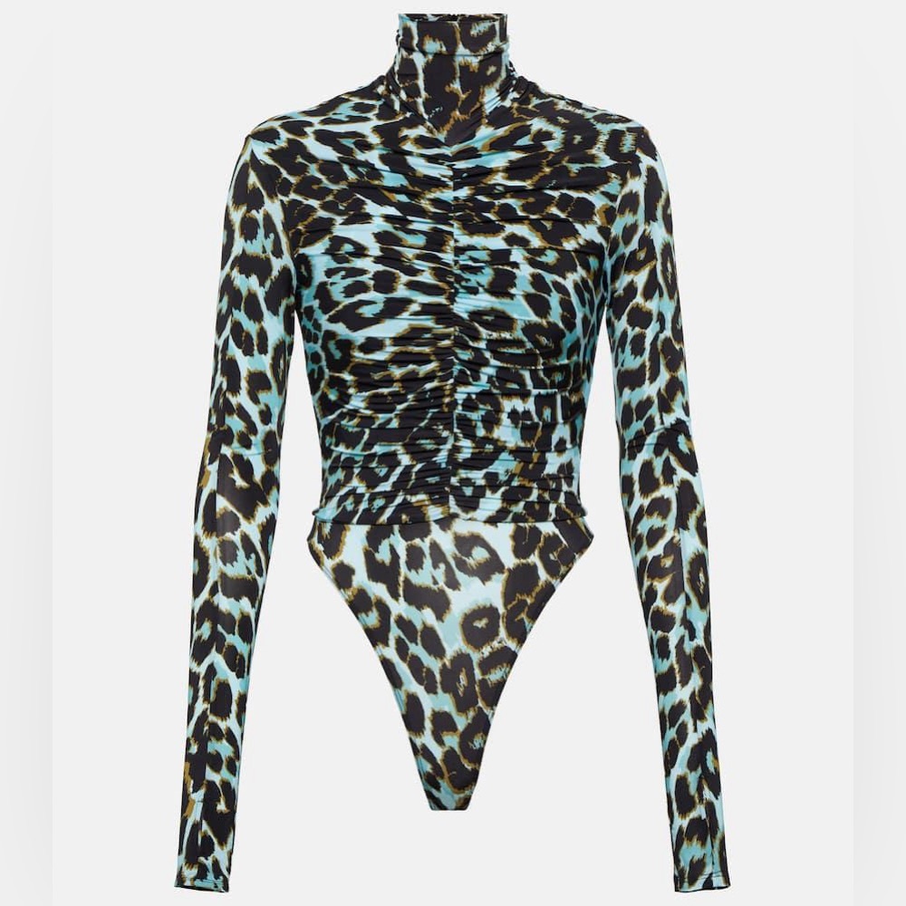 Alex Perry Turquoise Black Leopard-Print Long-Sleeve Bodysuit